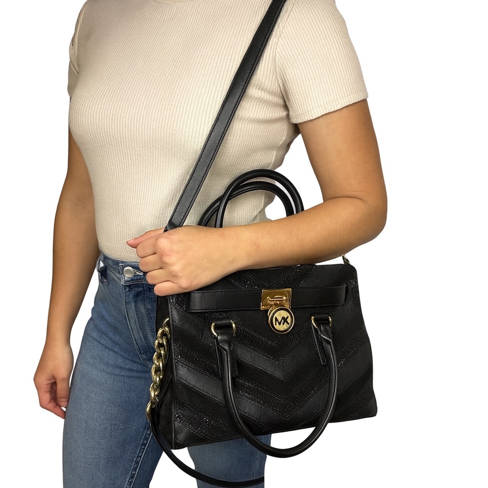 Michael Kors Black Leather Chevron Satchel Bag with Gold Lock & Key